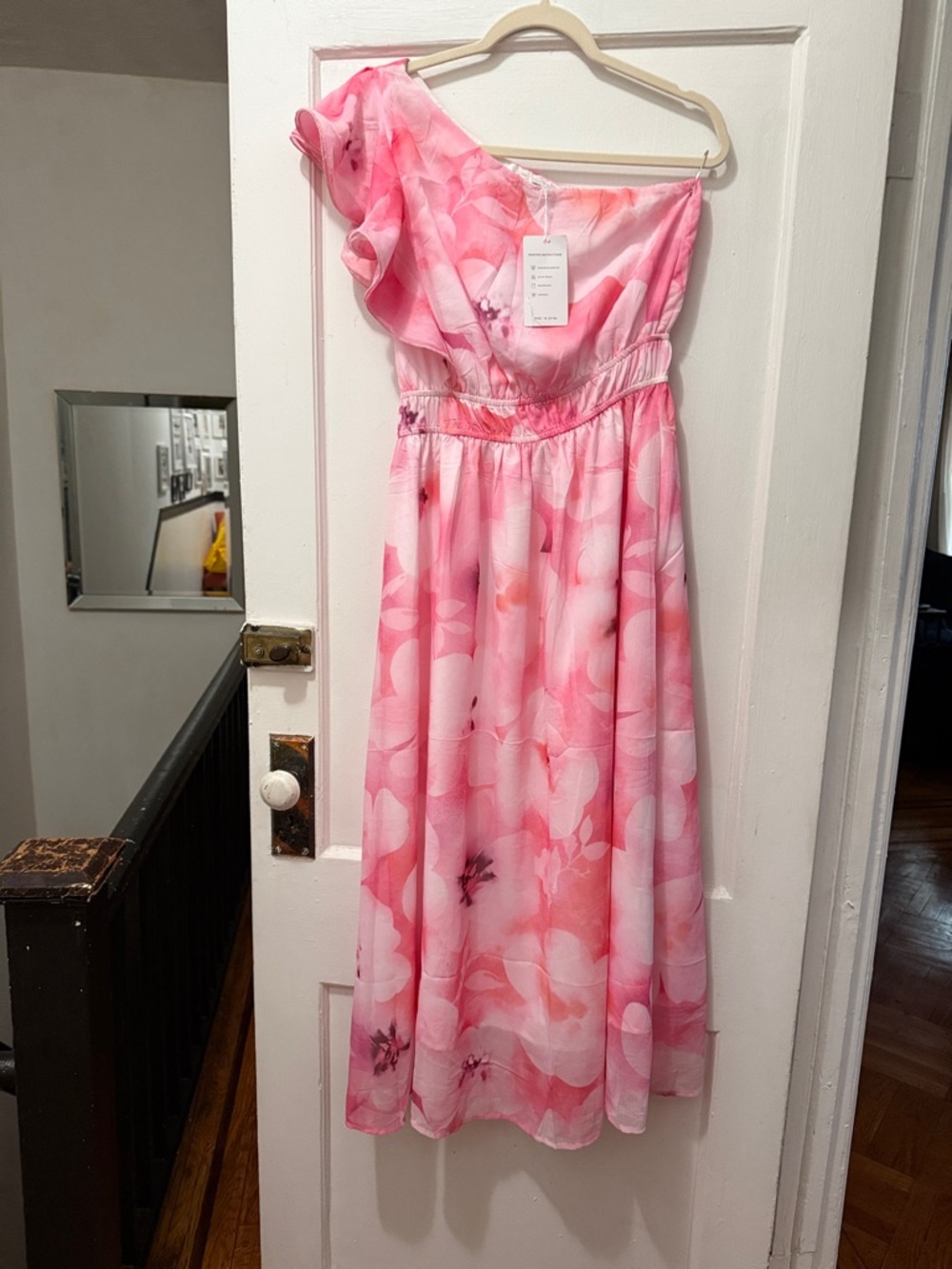 Women’s Pink Floral One-Shoulder Midi Dress